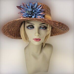 Brown Wide Brim Hat Light Braided Hat With Large Blue Flower Accent NEW!
